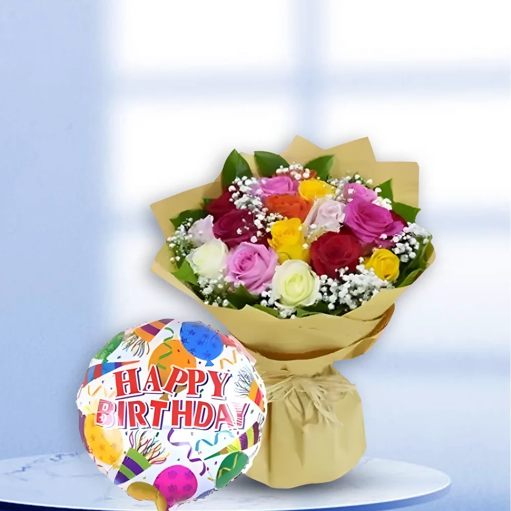 Happy Birthday Mixed Roses & Balloon