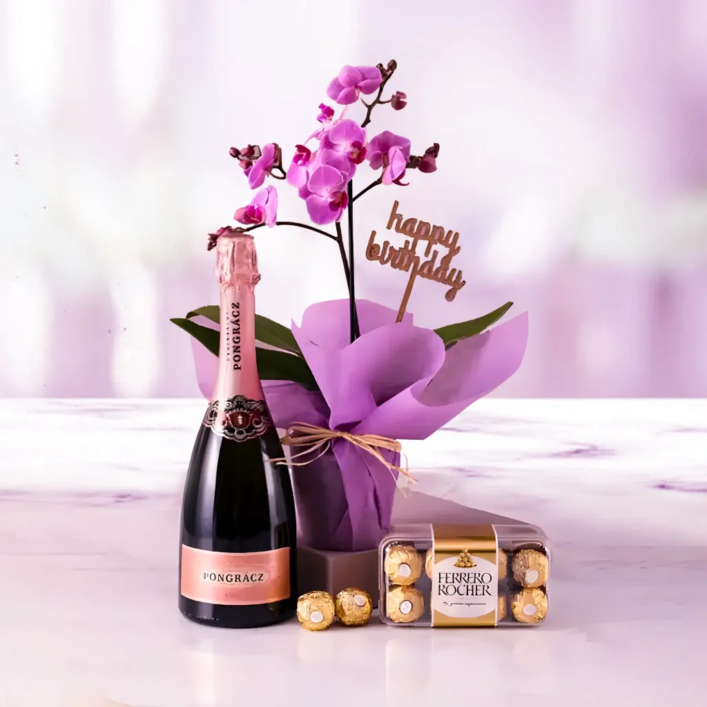Mini Purple Orchid Plant with Sparkling Juice and Ferrero