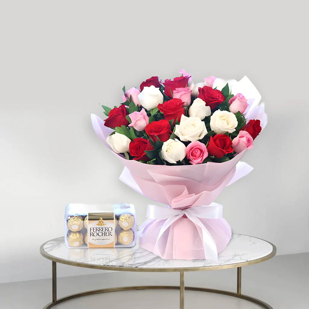 Mix Roses Flower Bouquet and Ferrero Rocher Chocolates (2)