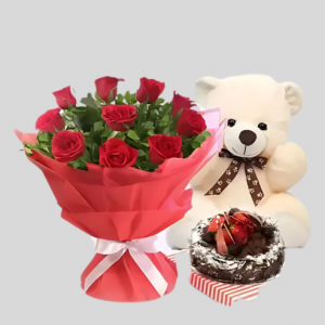 Romantic Gift Combo Roses, Teddy & Cake in Dubai, UAE