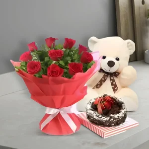Romantic Gift Combo with Red Roses, Teddy, and Cake