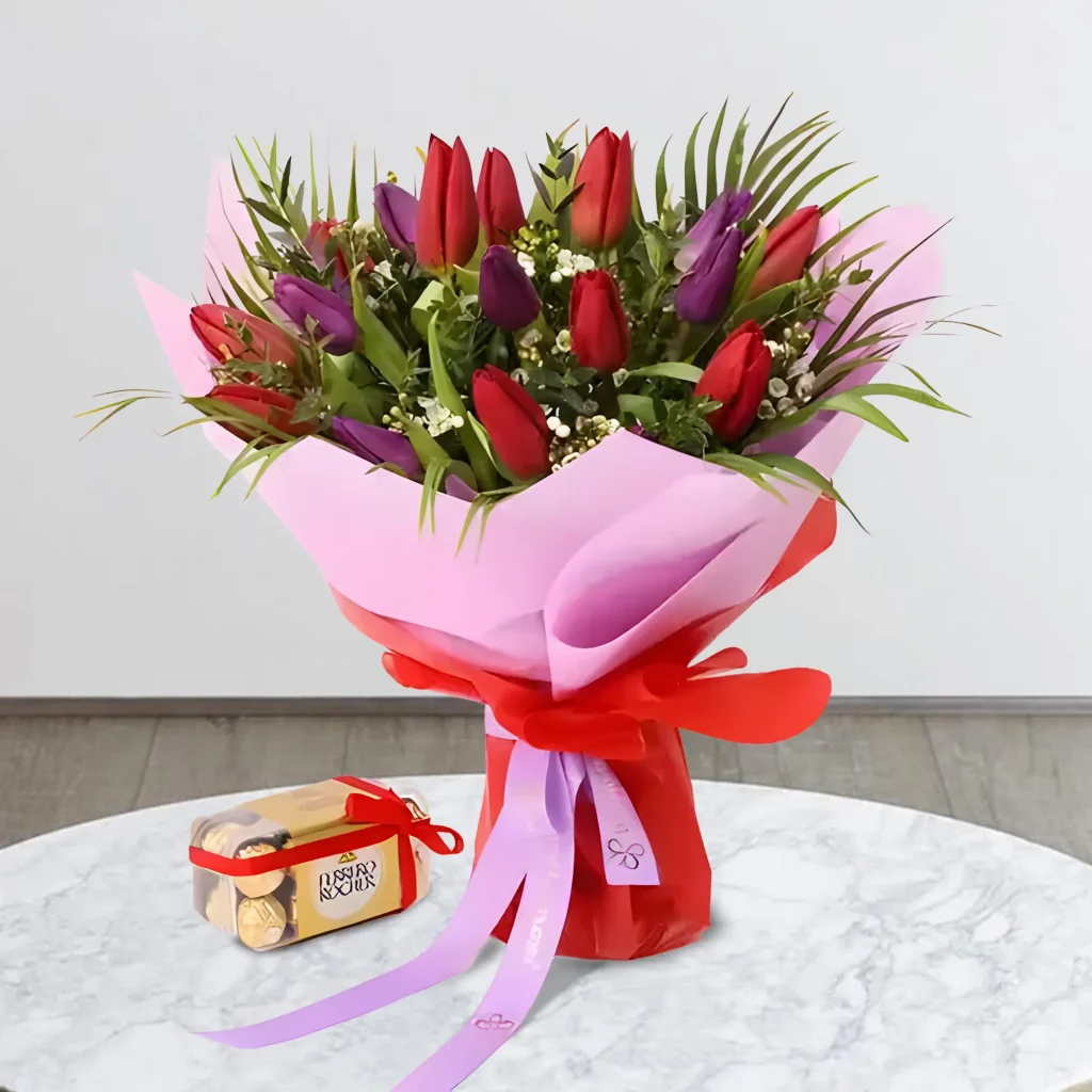 Scarlet Beauty 19 Tulips Bouquet and Ferrero Rocher