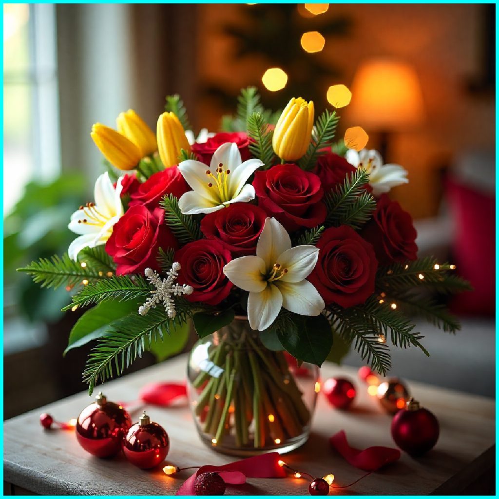 Seasonal mixed Christmas bouquet with roses, lilies, tulips, and festive greenery in UAE