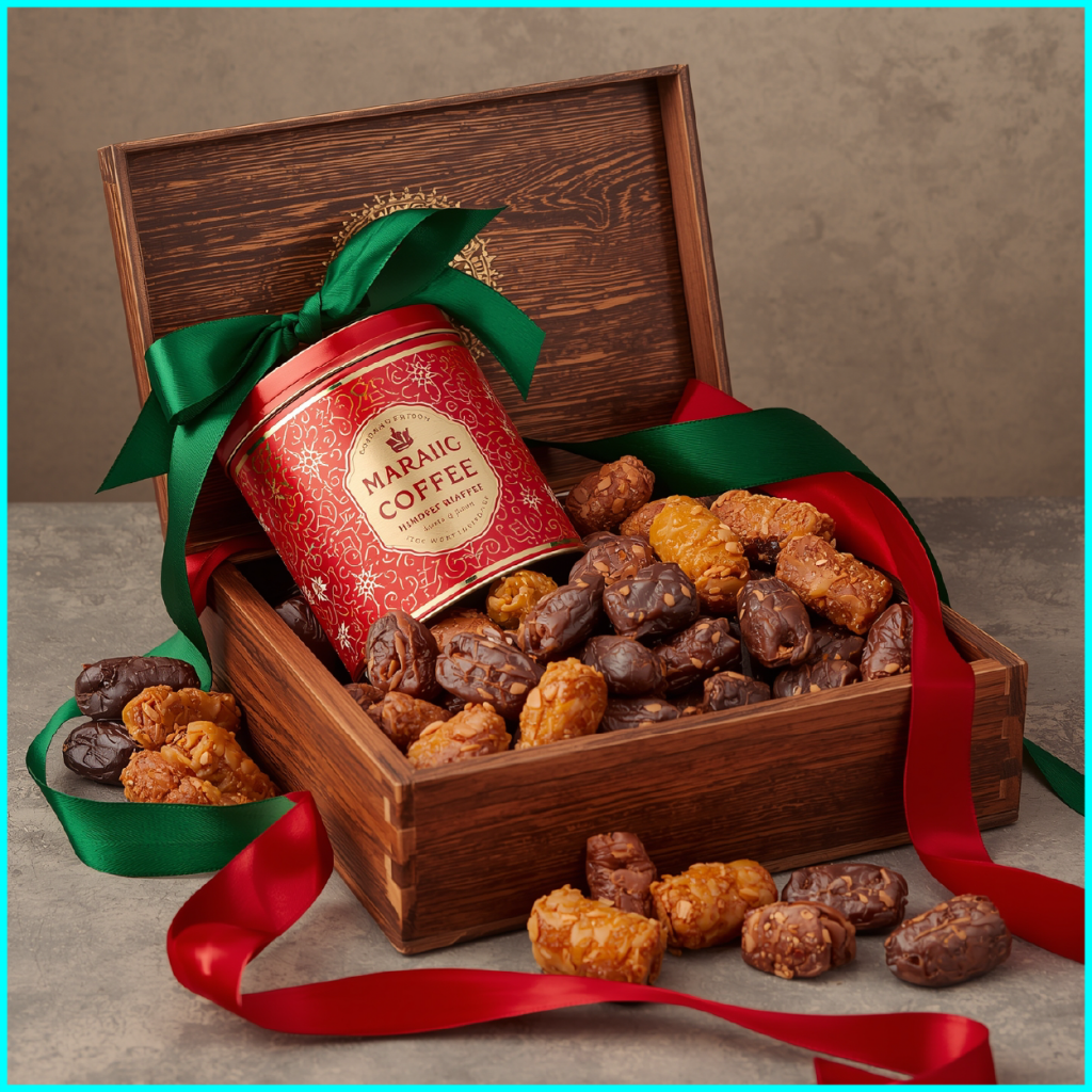 Arabic coffee tin with premium stuffed dates and festive packaging for Merry Christmas in UAE