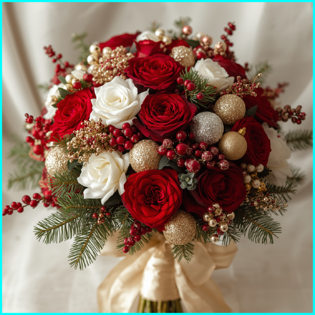Red and white Christmas flower bouquet with pine and ribbons in Dubai