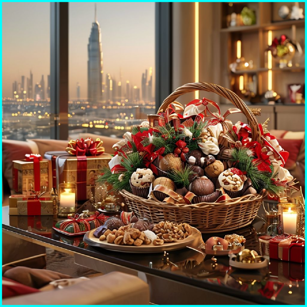 Gourmet basket with chocolates, nuts, cookies, and festive ribbons for Christmas