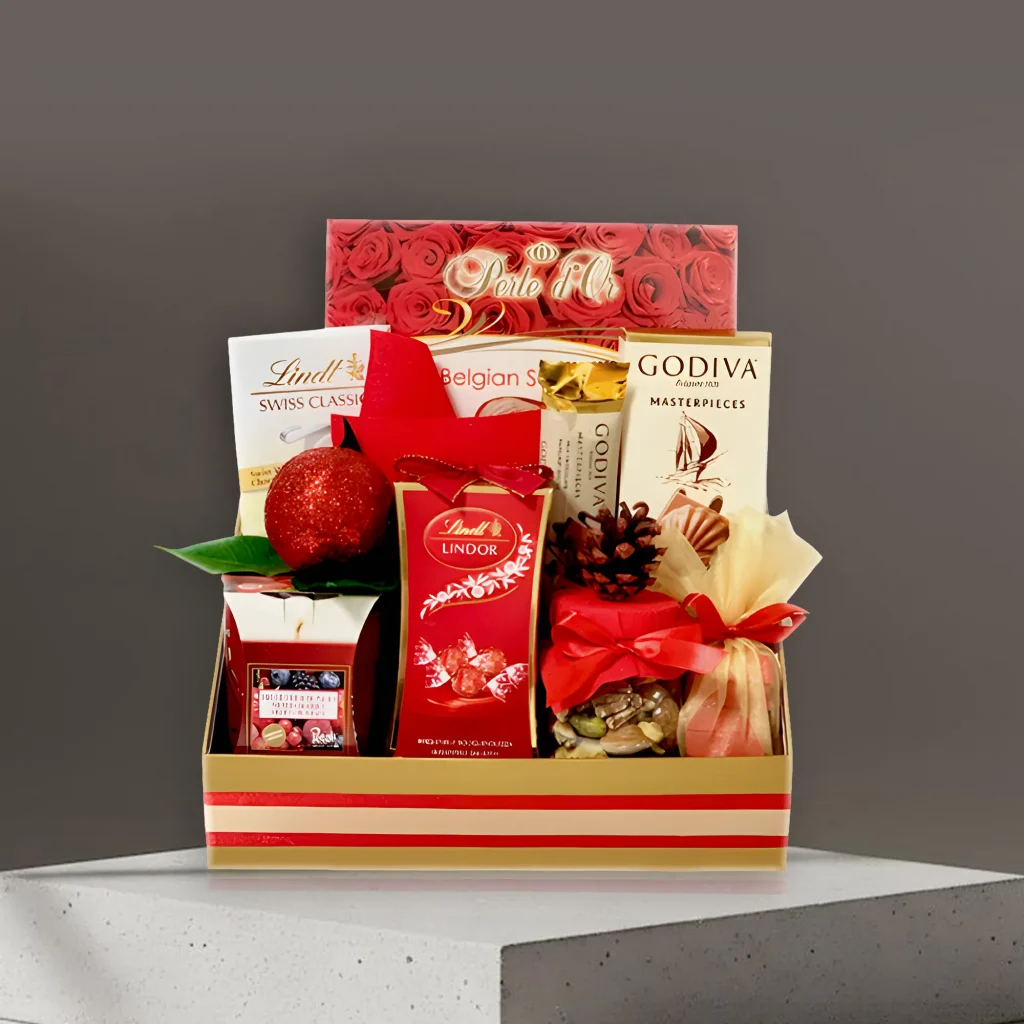 Christmas Special Gift Hamper with Lindt, Godiva & Belgian Chocolates in Golden Box – UAE Delivery