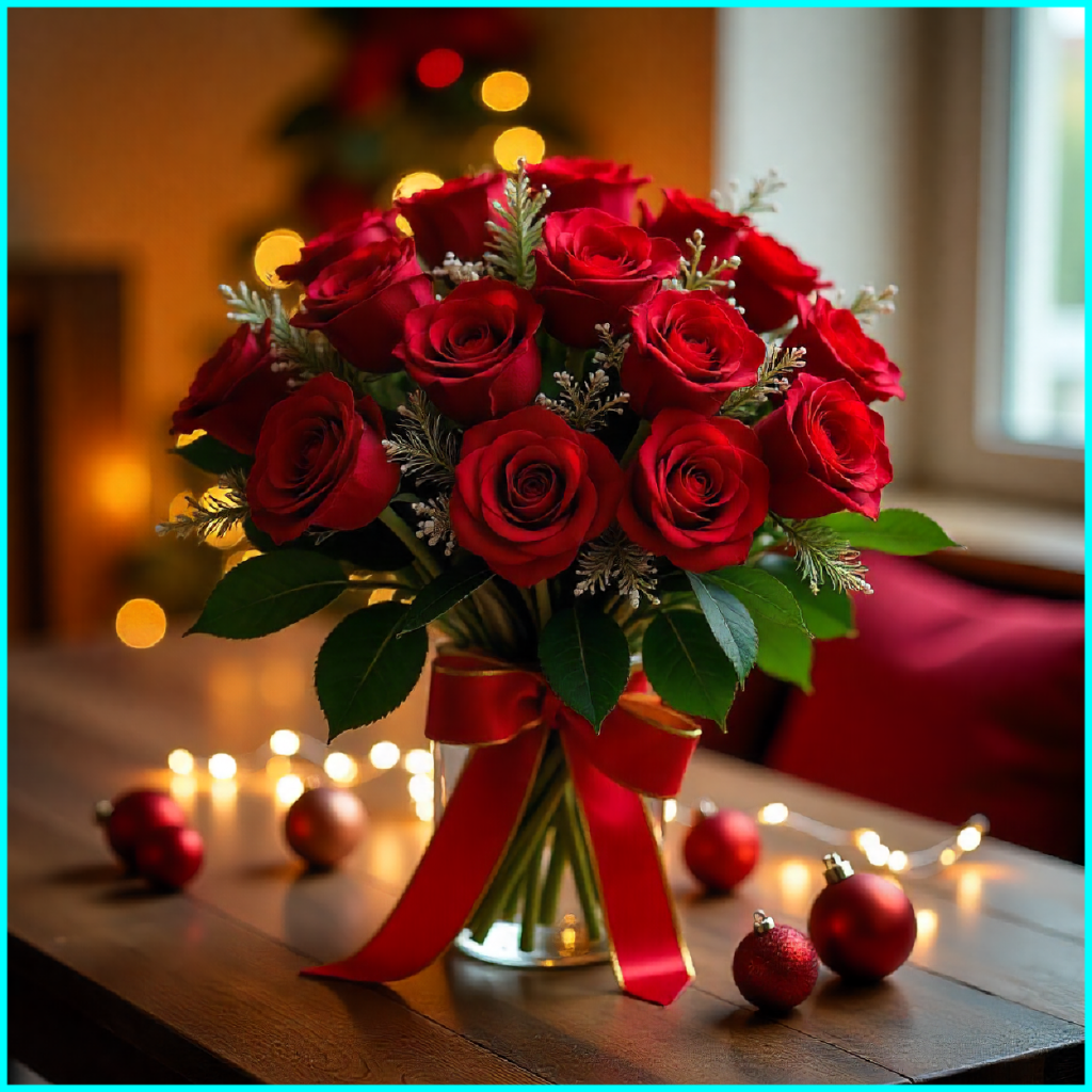 Classic red roses Christmas bouquet with festive ribbon and greenery in UAE
