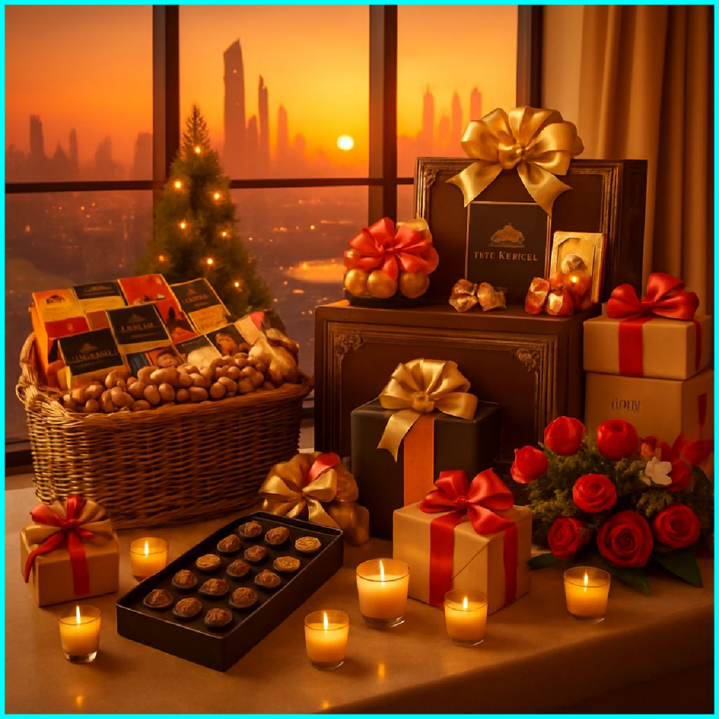 Elegant corporate Christmas gift hamper with chocolates and biscuits for Merry Christmas in UAE