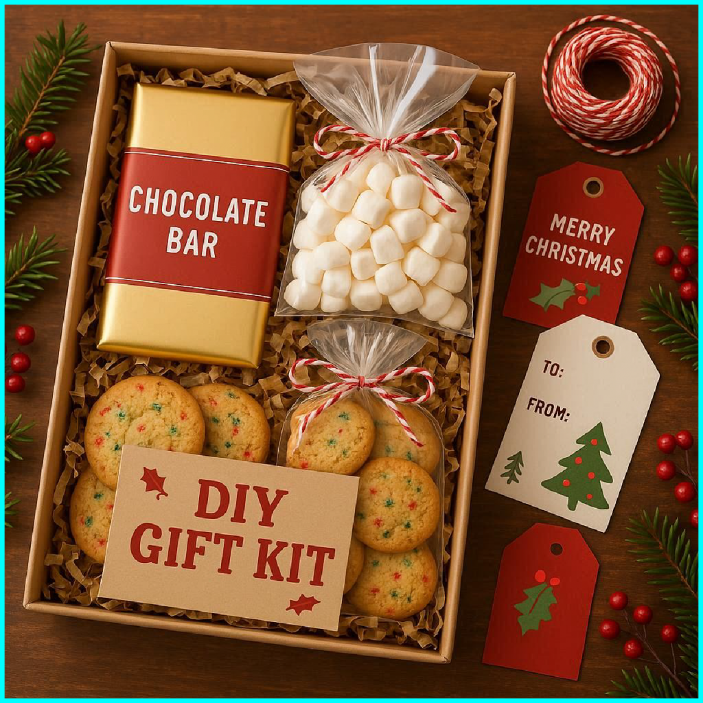 Hot chocolate kit with marshmallows and festive packaging for Merry Christmas
