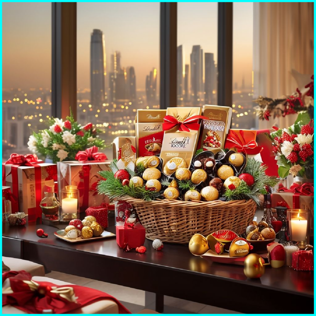 Santa’s Box of Treats with Lindt, Godiva, Ferrero Rocher, dates, and candle for Merry Christmas