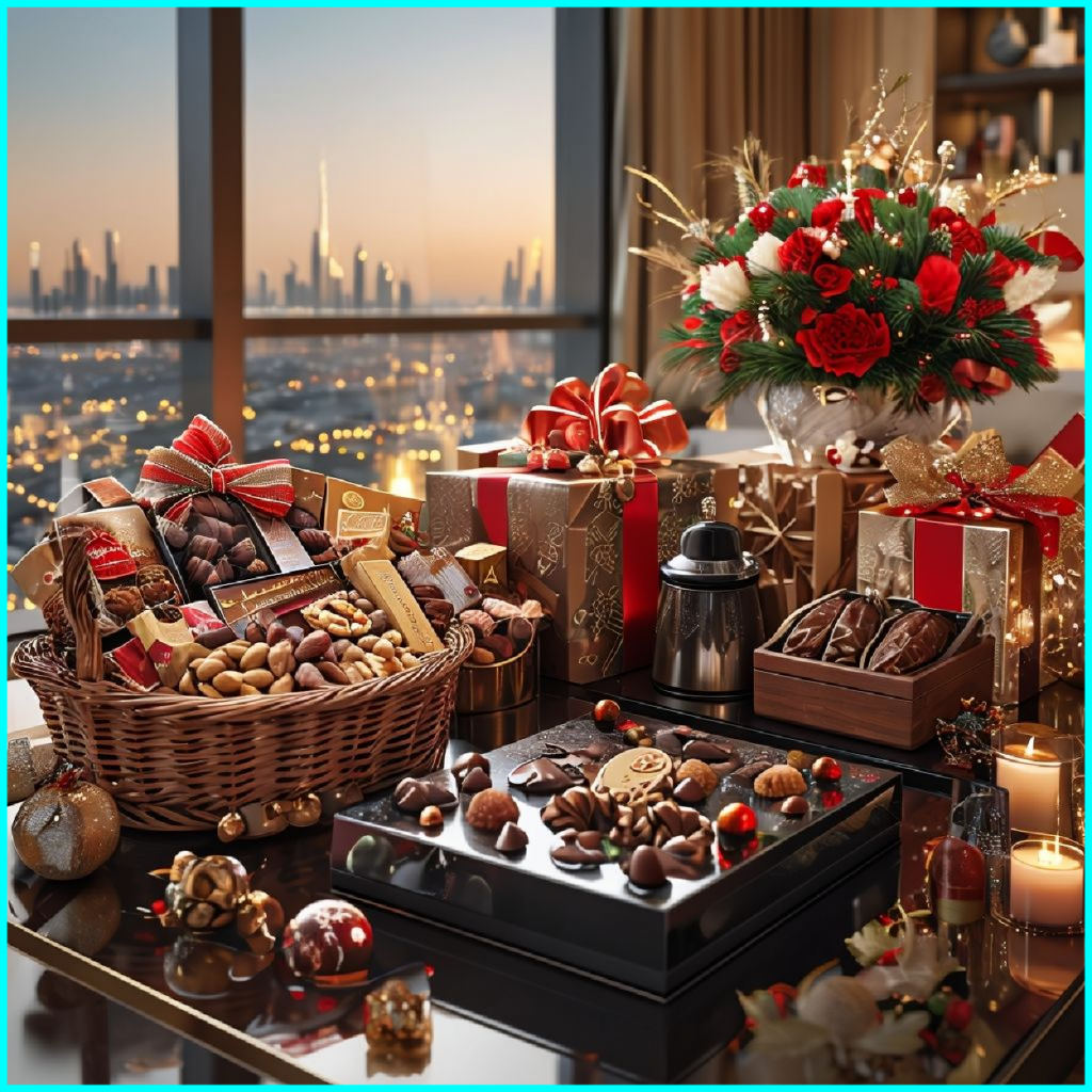 Elegant Patchi and Lindt chocolate box with festive decoration for Christmas