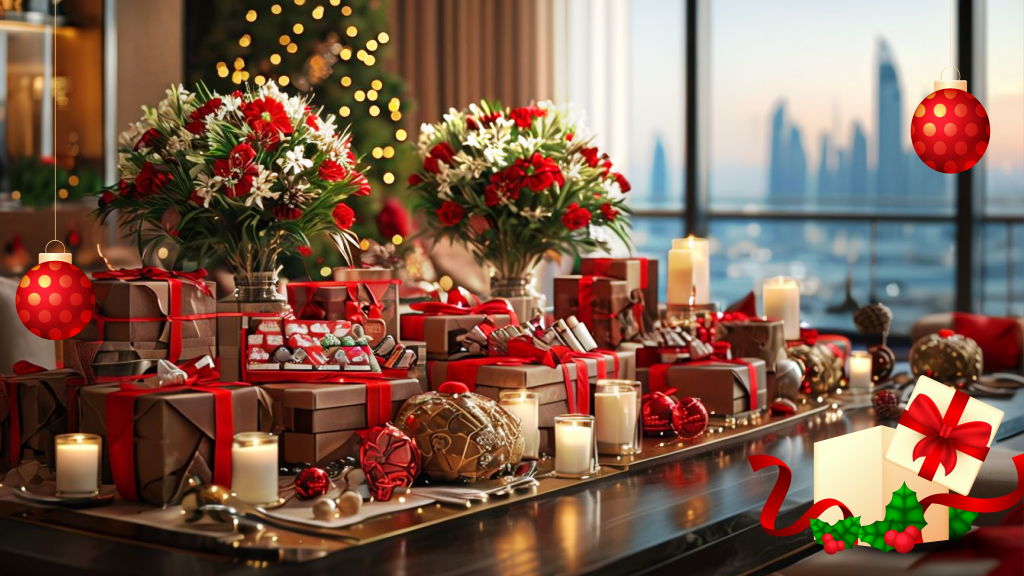 Merry Christmas festive table with chocolates, flowers, candles, and gift hampers in the uae