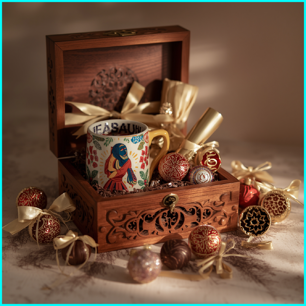 Custom Christmas gift box with name, chocolates, and ornaments for Merry Christmas