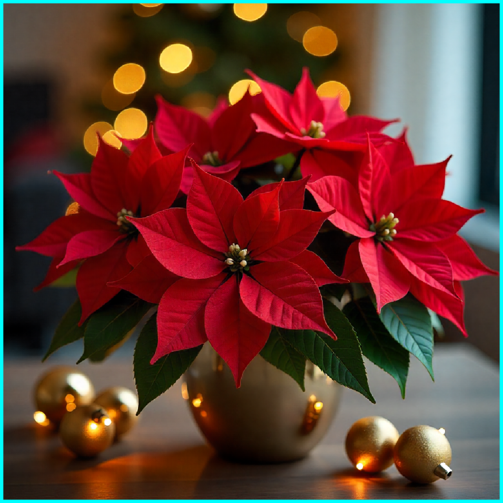 Red poinsettias Christmas bouquet with green leaves and festive ornaments in UAE