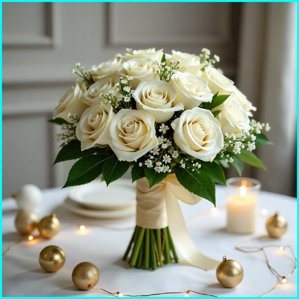 White roses Christmas bouquet with greenery and festive ribbon in UAE