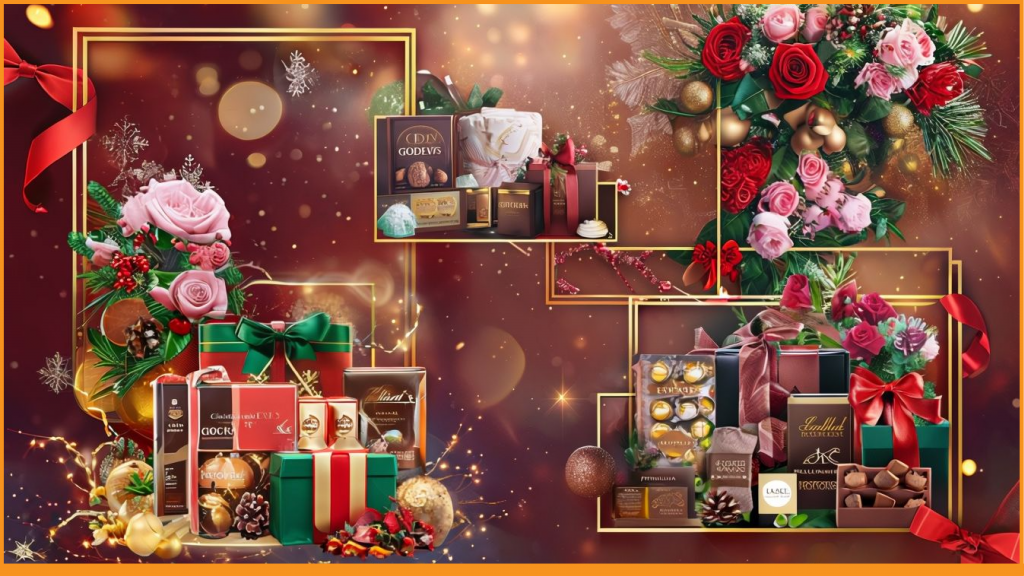 luxury Christmas gifts hampers, cakes, chocolates, and flower arrangements with festive decorations – UAE holiday gift collection