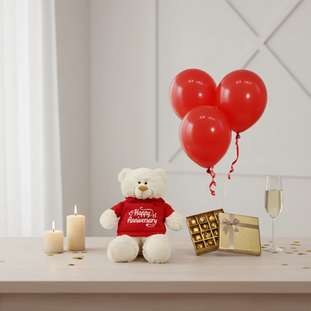Anniversary Teddy, Belgian Chocs & Balloons