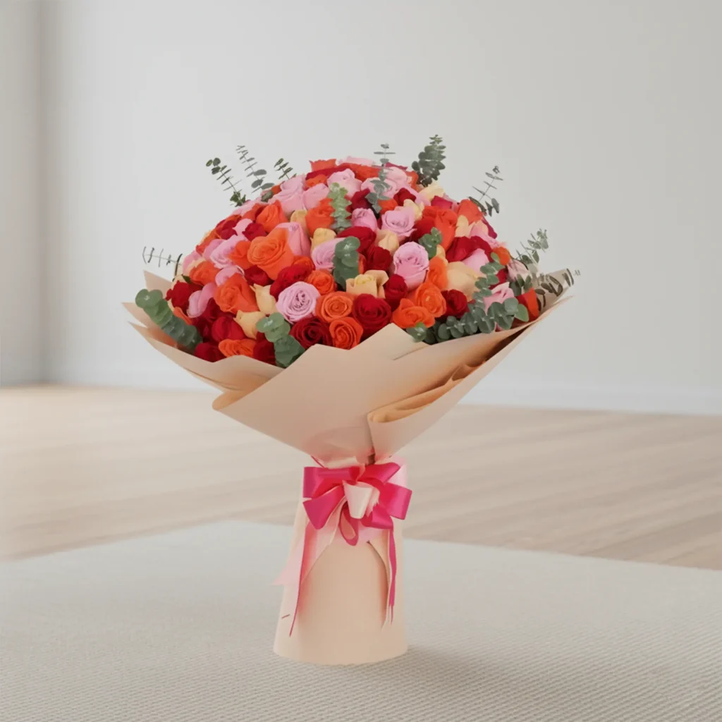 Candy 201 Roses Bouquet – Luxury handcrafted roses bouquet with pink, peach & orange roses, available for same-day delivery across UAE.