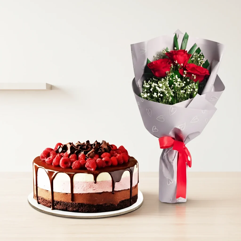 Chocolate Mix Berry Cake Combo with Rose Bouquet