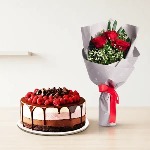 Chocolate Mix Berry Cake Combo with Rose Bouquet