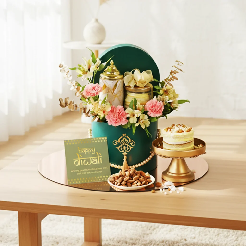Delighting Elegance Diwali Gifts Hamper UAE with almonds, butterscotch cake, flowers