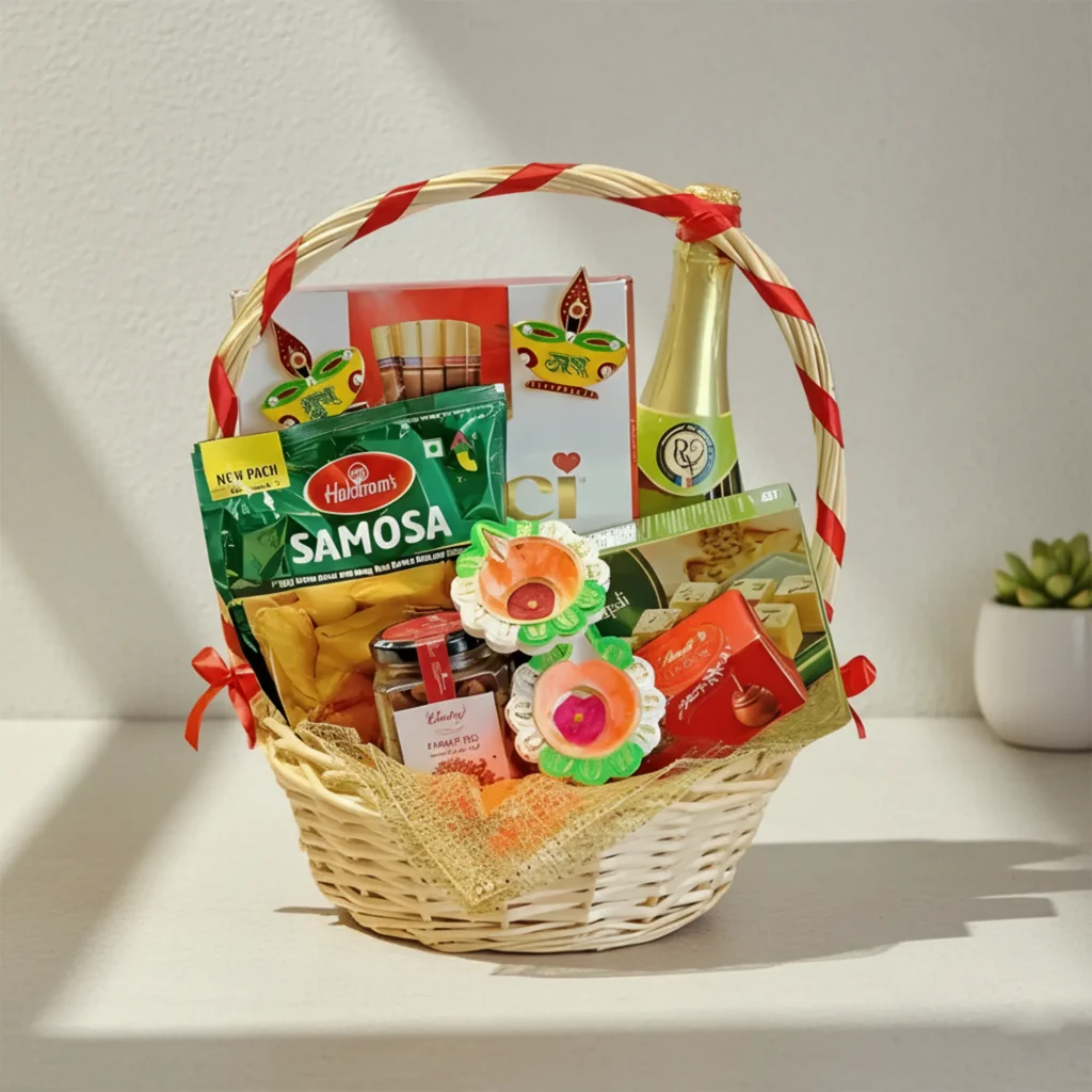 Diwali Festive Gifts Basket with Sweets Chocolates Diyas UAE