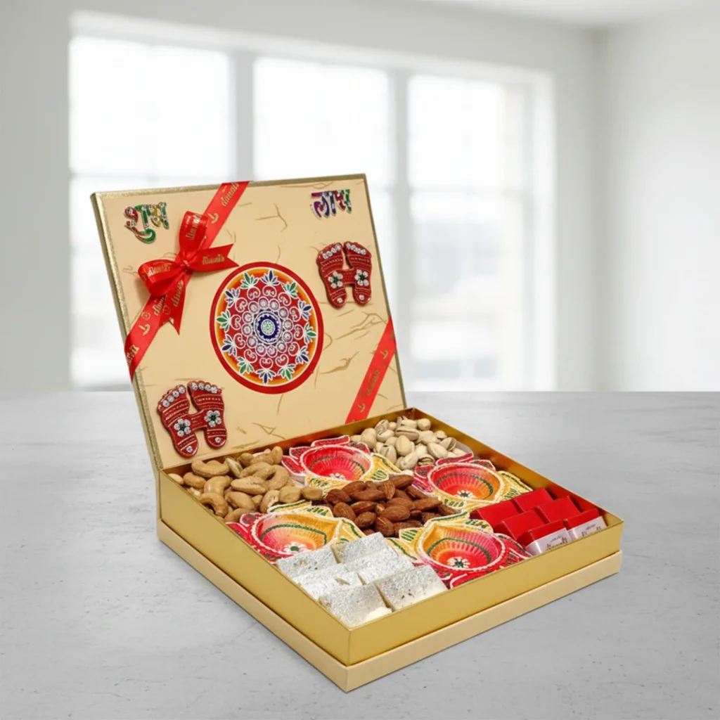 Diwali Sparkle Gift Box with chocolates, nuts, sweets, and decorative diyas
