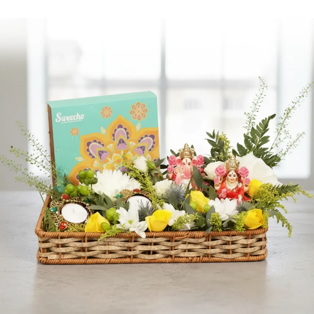 Diwali Wishes Floral Gift Basket with flowers and chocolates