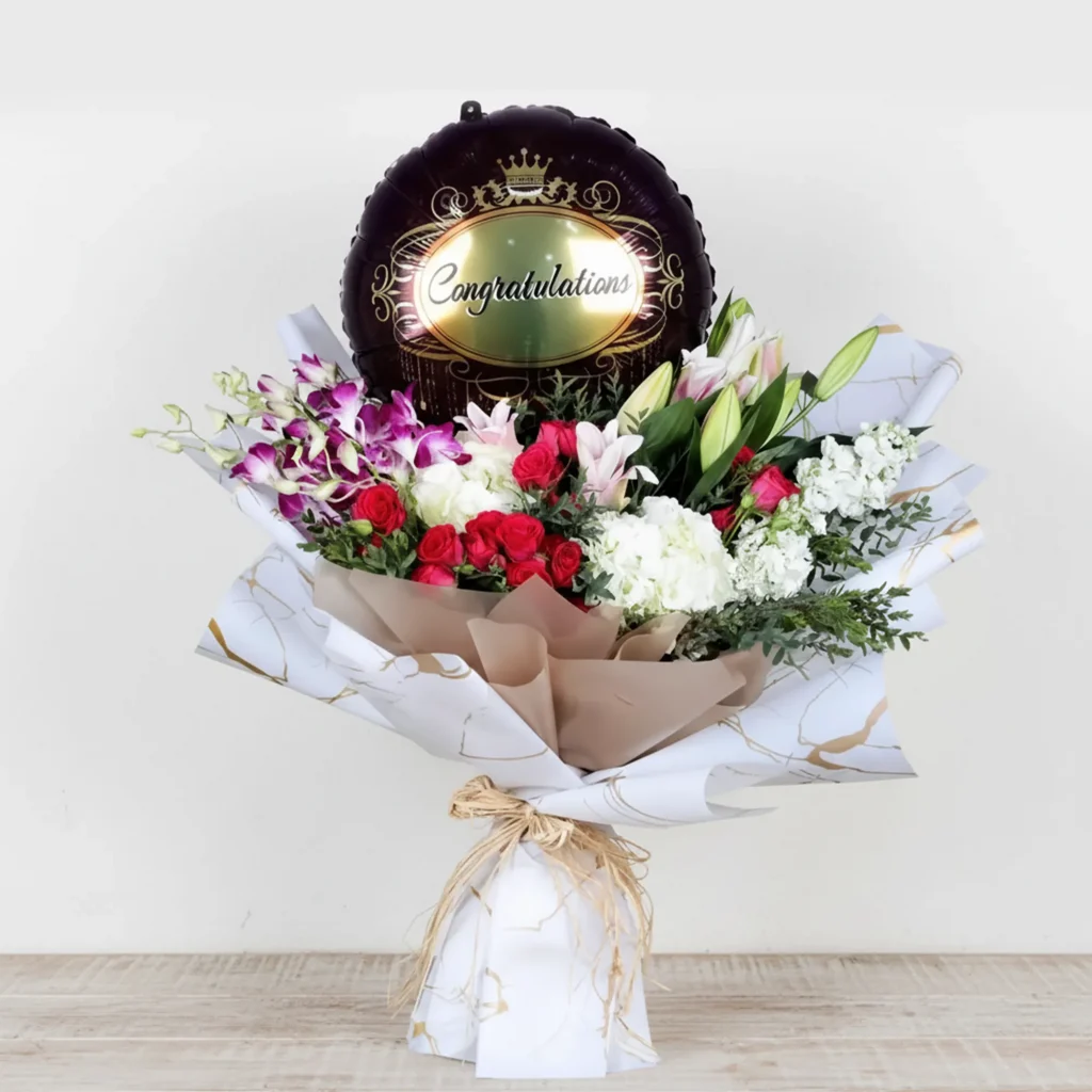 Elegant Flowers and Congratulations Balloon Bouquet