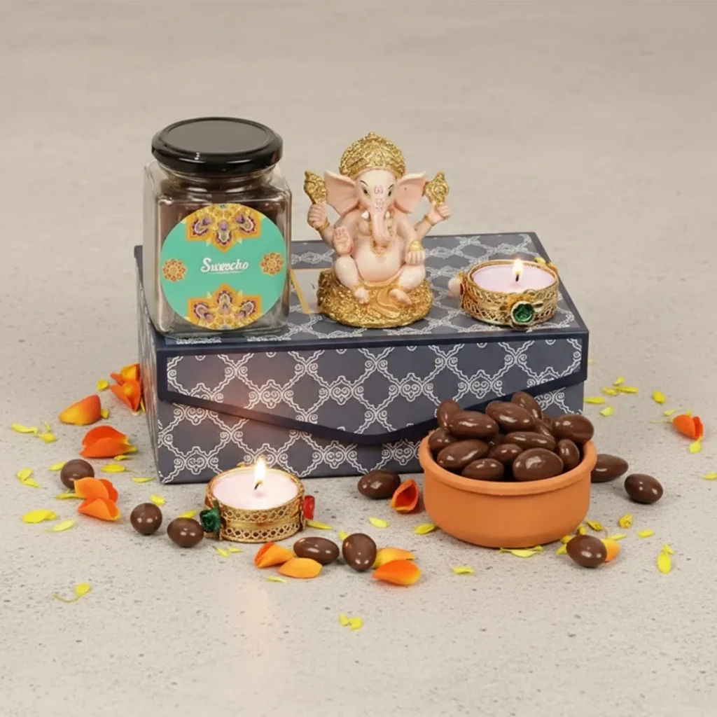 Festive Diwali Wishes Gift Box with Ganesha, sweets, candles, and festive décor