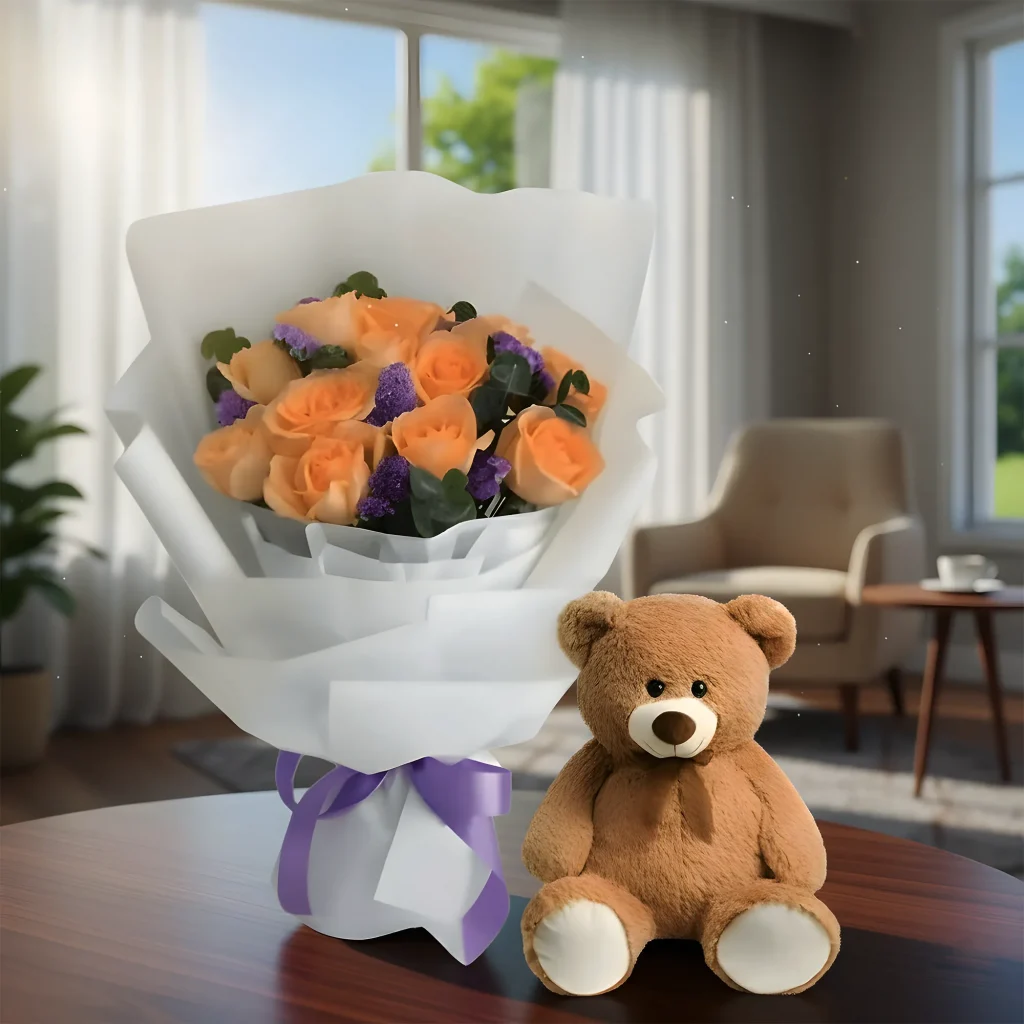 Flashing Peach Bouquet and Teddy Bear
