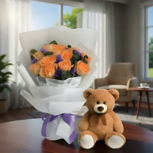 Flashing-Peach-Bouquet-and-Teddy-Bear-600x600