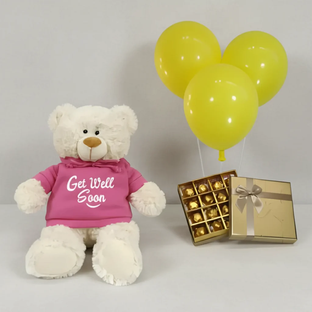 Get Well Teddy, Belgian Chocs & Balloons