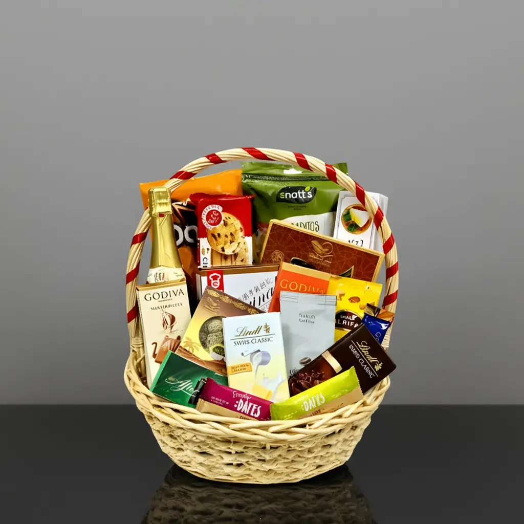 Gourmet Gift Hamper with chocolates, snacks, and sparkling beverage for UAE gifting