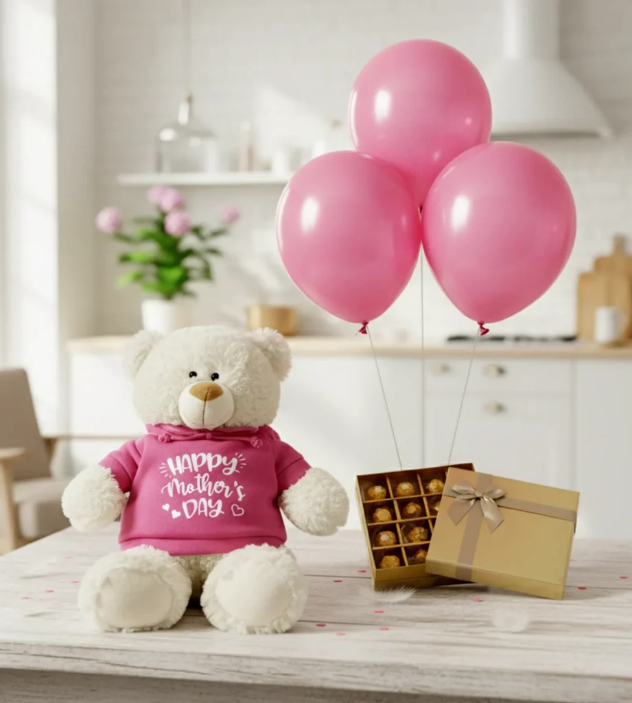 Happy Birthday Teddy, Belgian Chocs & Balloons gift in Dubai