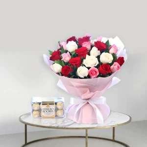 Mix-Roses-Flower-Bouquet-and-Ferrero-Rocher-Chocolates-2