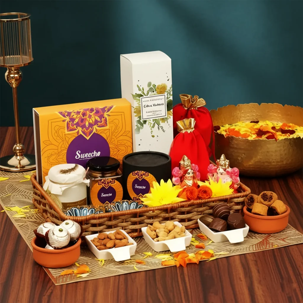 Prosperous Diwali Gift Hamper with sweets, dry fruits, candles, diyas, and Laxmi Ganesha idol