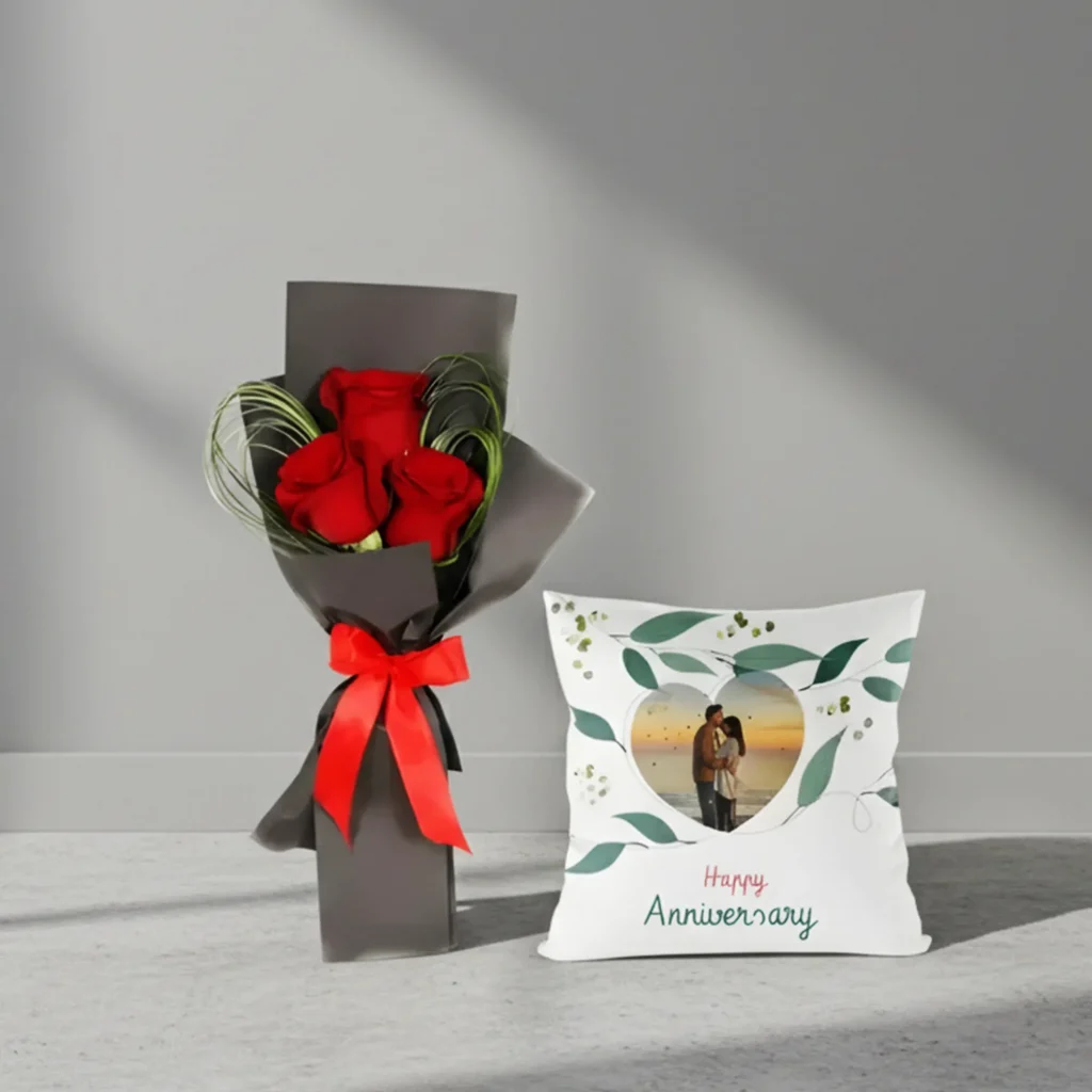Red Roses Bouquet and Personalised Cushion