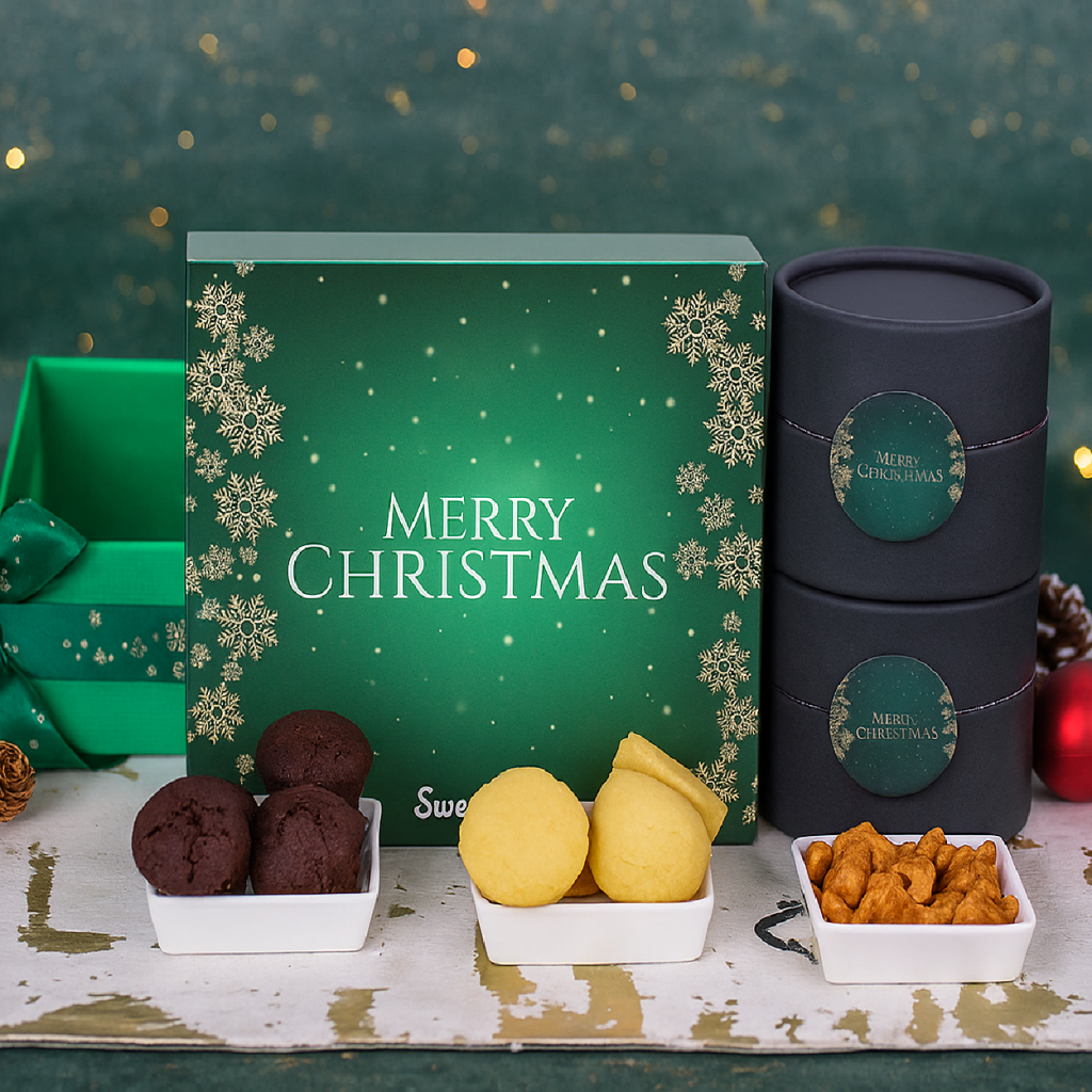 Christmas Memories Gift Tray UAE with chocolates, mini muffins, chili cashews, and festive decorations,Christmas Gifts UAE
