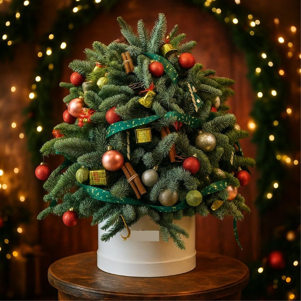 Elegant Christmas Tree Shape Arrangement with pine cones, baubles, and festive ribbon in white box