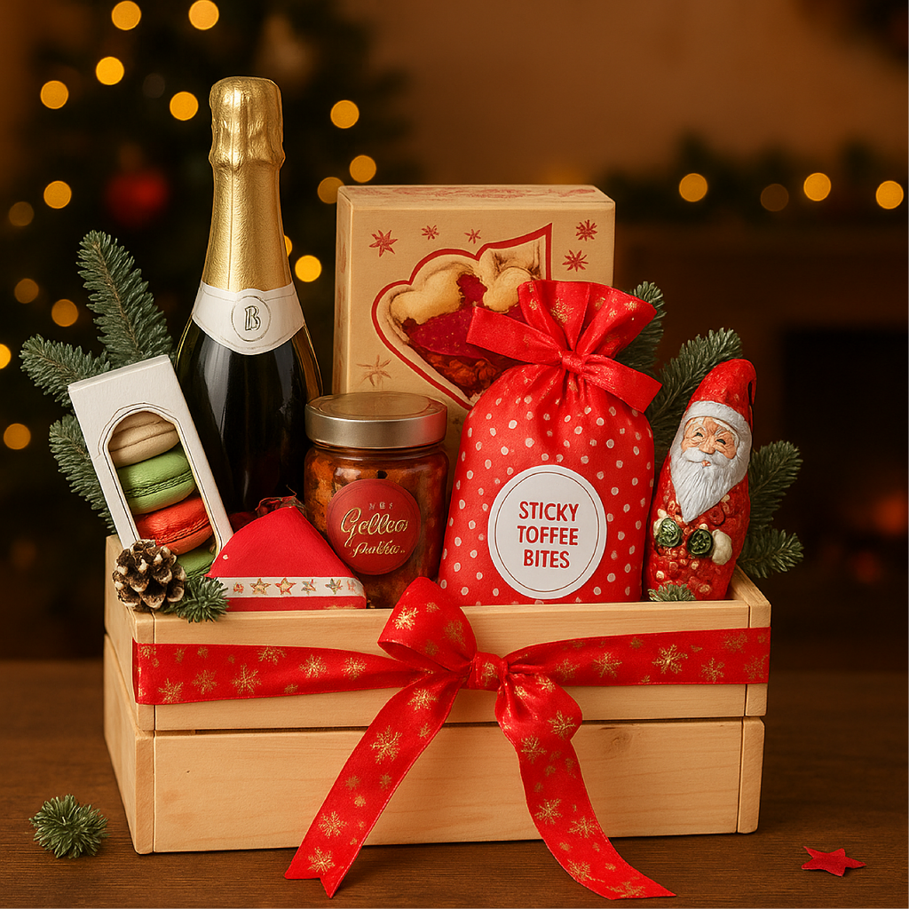 Emotion Christmas Gift Hamper UAE featuring chocolates, muffins, sparkling juice & festive decor in a wooden box — perfect for Christmas gifting.