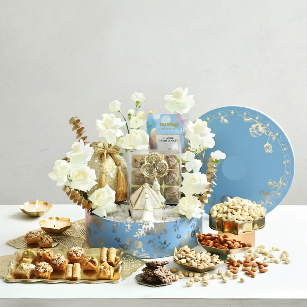 Festive Royal Diwali Gift Hamper with flowers, sweets, and nuts in UAE