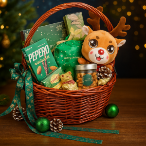 Innocence Christmas Gift Basket with chocolates, cookies, soft toy, and festive decorations in UAE
