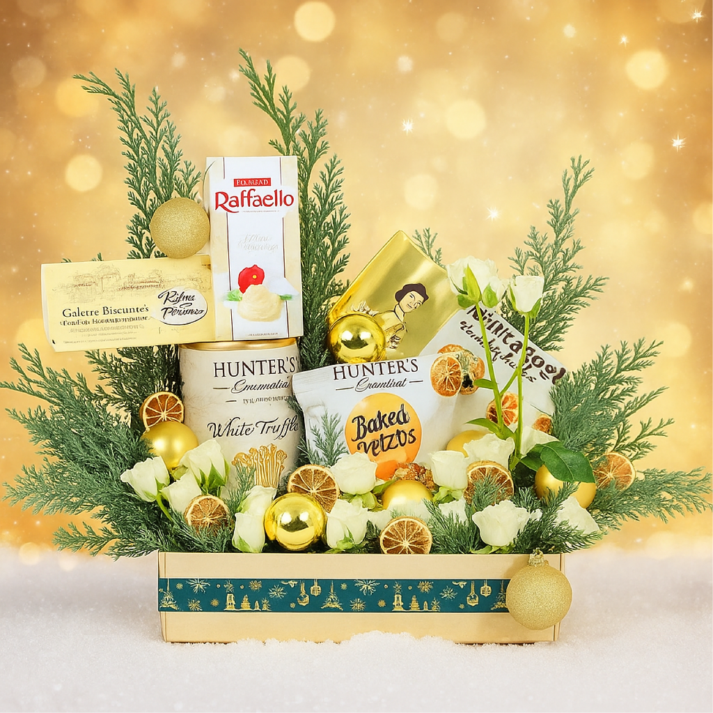 Winter Season Gifts Hamper UAE with gourmet snacks, chocolates, and festive flowers