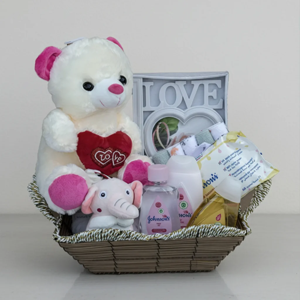 Baby Gift Hamper UAE with newborn essentials, soft toys, towels, and luxury baby gifts for boys and girls