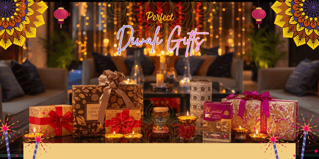 Luxurious modern UAE home decorated for Diwali with glowing diyas, marigolds, roses, and stylish festive Diwali gifts hampers