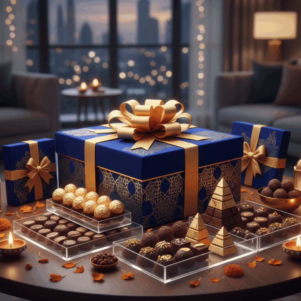 Luxury Diwali chocolate gift packs with artisanal chocolates and festive décor in modern UAE home.