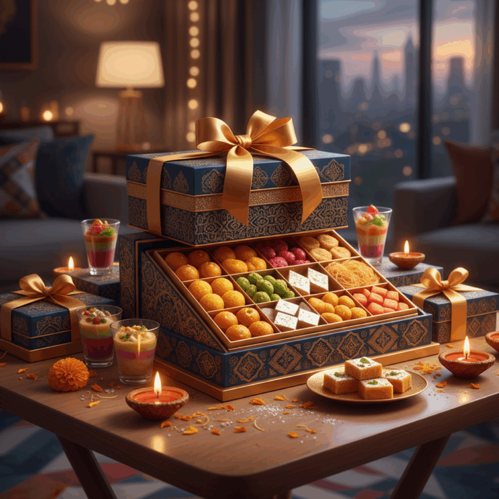 Elegant Diwali sweets hamper with traditional and fusion mithai, festive diyas, and luxurious packaging in UAE home.