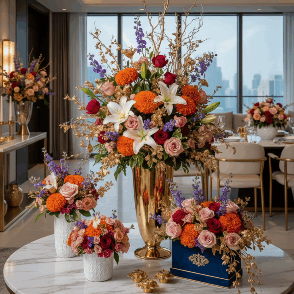 Stylish Diwali flower arrangements with marigolds, lilies, roses, and golden accents in modern UAE home décor.